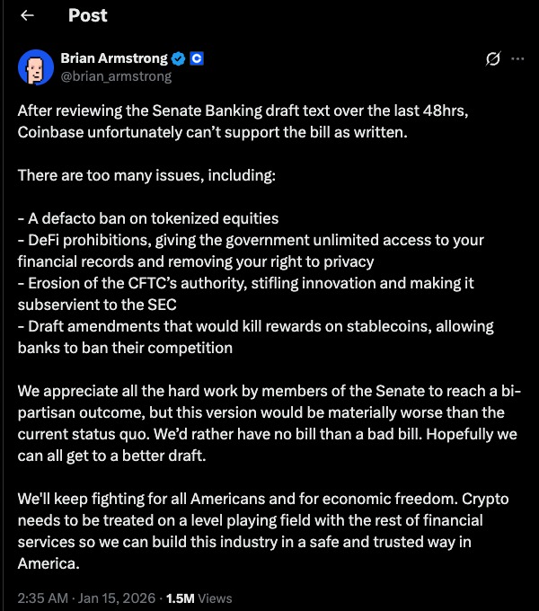 CLARITY Act Debate highlighted as Brian Armstrong explains why Coinbase cannot support the Senate Banking Committee draft bill