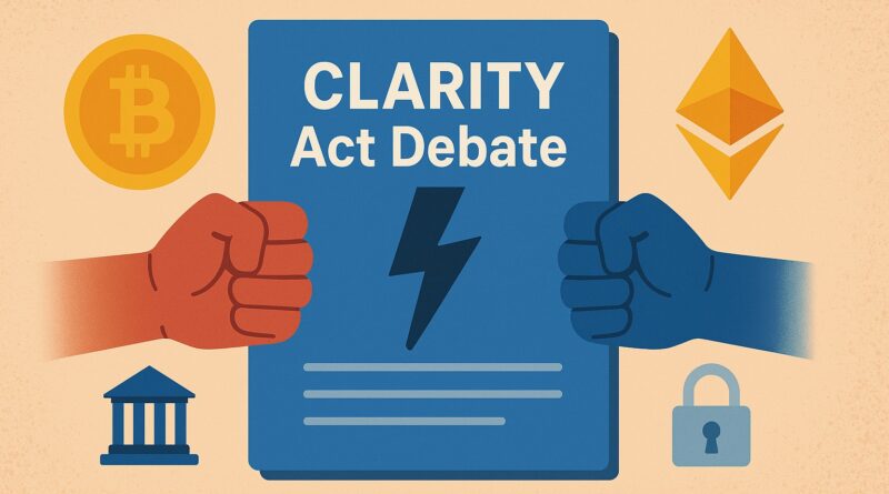 CLARITY Act Debate visual showing crypto industry division with symbolic fists, Bitcoin and Ethereum icons, and a central policy document.