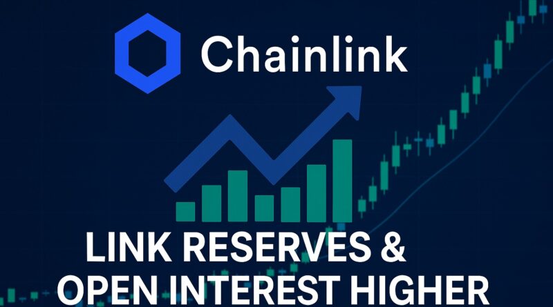 Chainlink Update featured image showing rising LINK reserves, open interest, and real-time stock data integration on blockchain