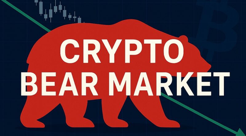 Crypto Bear Market - centered headline over a bearish silhouette, downward candlestick chart with a highlighted Nov marker and Bitcoin icon.