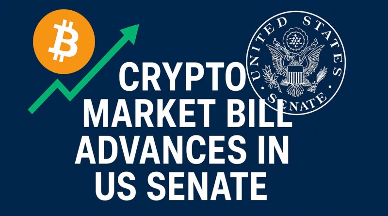 Crypto Market Bill advances in US Senate with Capitol silhouette, blockchain motifs, and regulatory icons centered in bold modern design