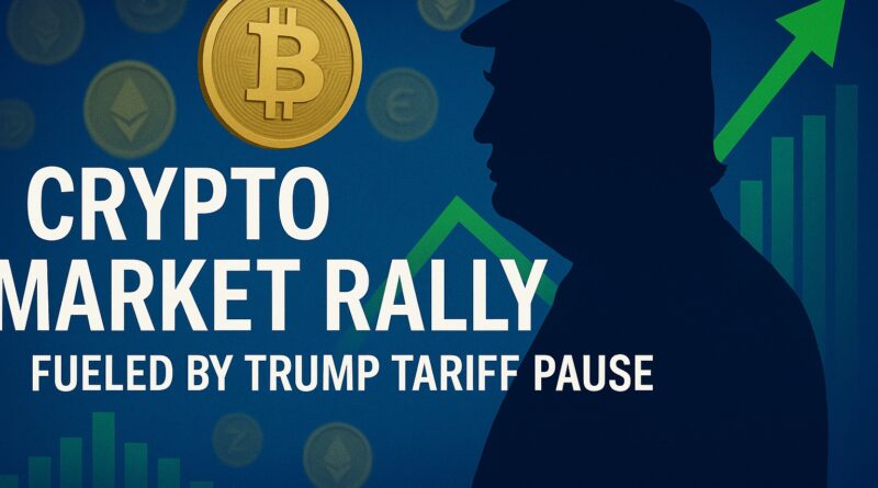 Crypto Market Rally - bold headline over rising green candlestick and line chart with Bitcoin, Ethereum, Solana, and XRP icons, subtle US and EU flag motifs, and a small PAUSED stamp.