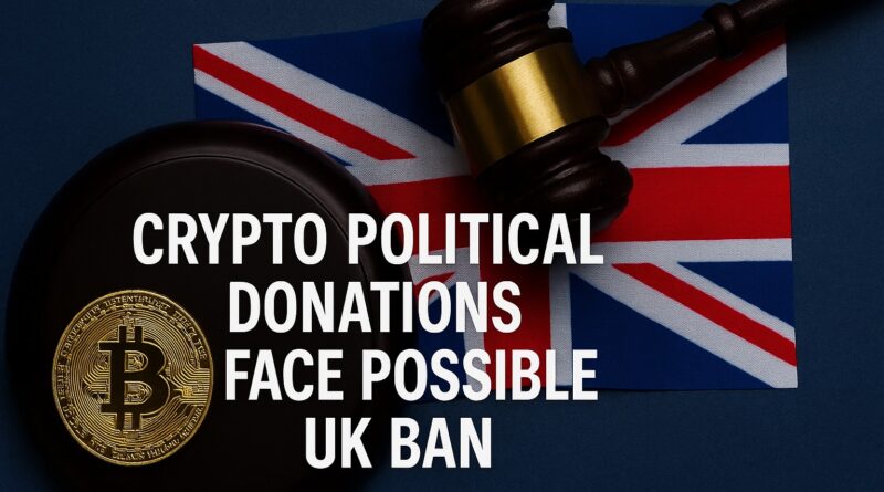 Crypto Political Donations: centered news-style graphic with Westminster silhouette over a blockchain grid; gold crypto coins under a magnifying glass; padlock and warning triangle; headline and caption centered.