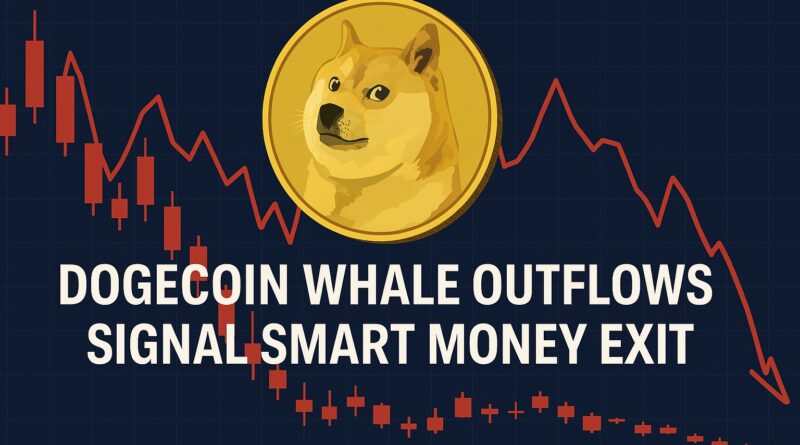 Dogecoin Whale Outflows - centered gold Dogecoin coin with a whale silhouette pushing tokens toward a stylized exchange, red outflow arrows and a falling line chart marked $0.15 (resistance) and $0.13 (support), dark navy-to-charcoal background, headline text centered.