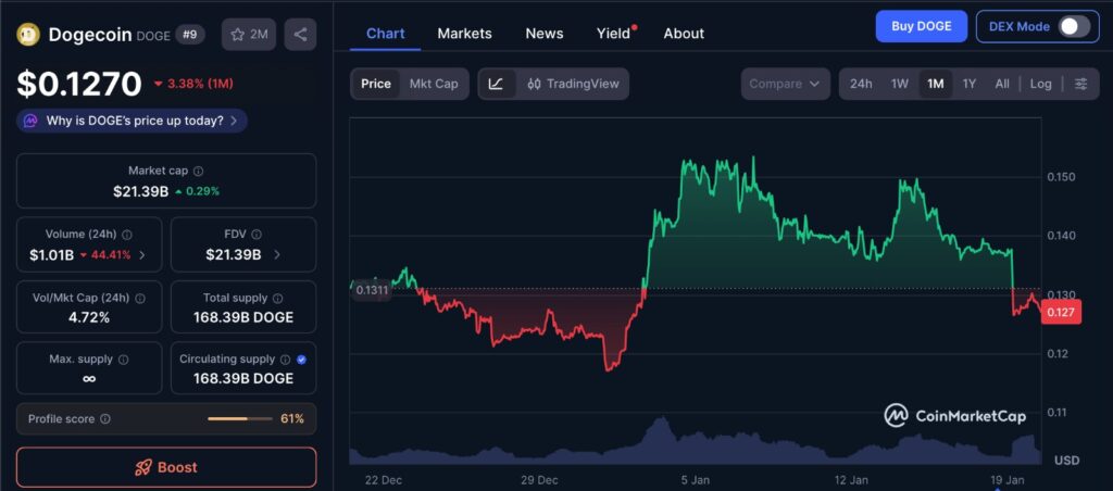 Dogecoin Whale Outflows reflected in one-month price chart showing consolidation and repeated resistance near recent highs