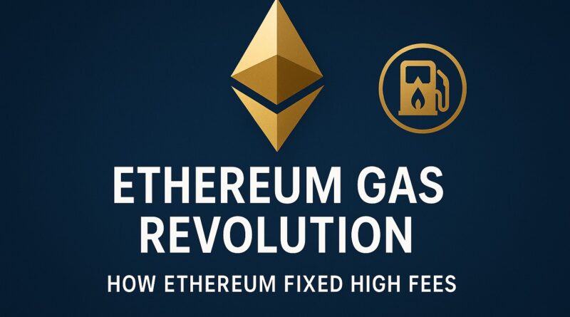 Ethereum Gas Revolution featured image showing Ethereum logo, low fees icon, and scaling graphics centered on a futuristic blue background