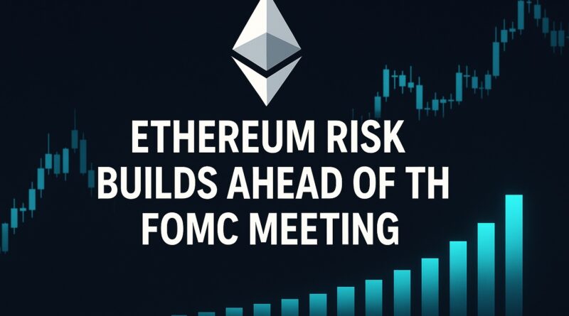 Ethereum Risk visualized with candlestick chart, leverage wave, and FOMC icon on dark blockchain-themed background