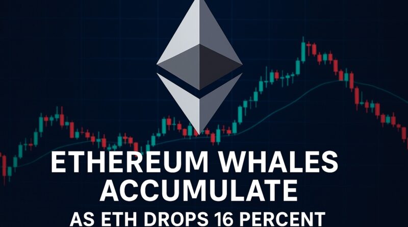 Ethereum Whales Accumulate during ETH price drop with chart and whale silhouettes in center