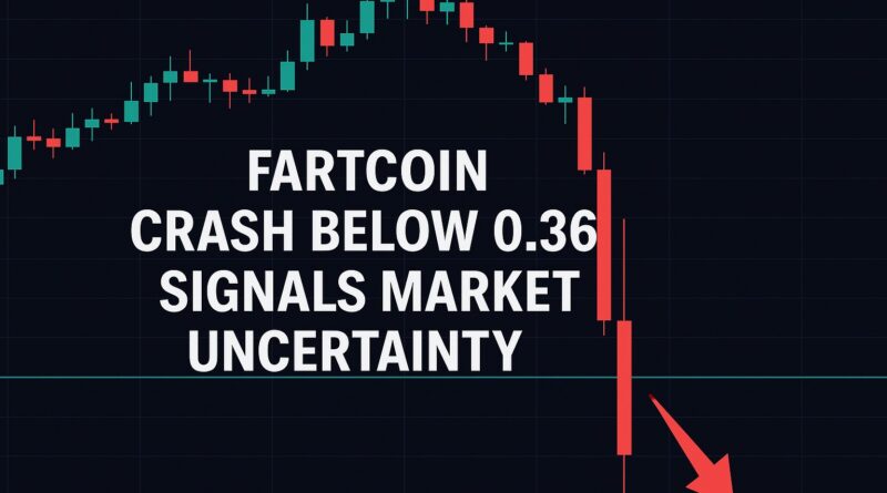 Fartcoin Crash: red candlestick plunging below $0.36 support line with a bold downward arrow, exchange and wallet icons, and bearish volume bars on a dark grid background.