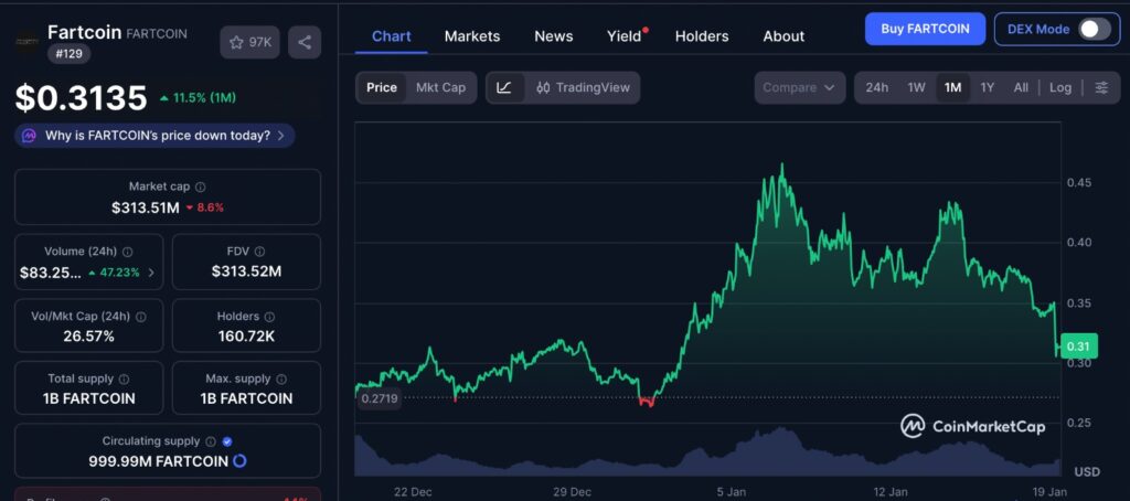 Fartcoin crash shown on one-month price chart with decline below 0.36 support level