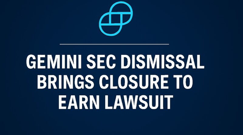Gemini SEC Dismissal - bold headline on a navy-to-deep-blue gradient with a gold crypto token, courthouse silhouette, and angled red “Dismissed with Prejudice” stamp centered.