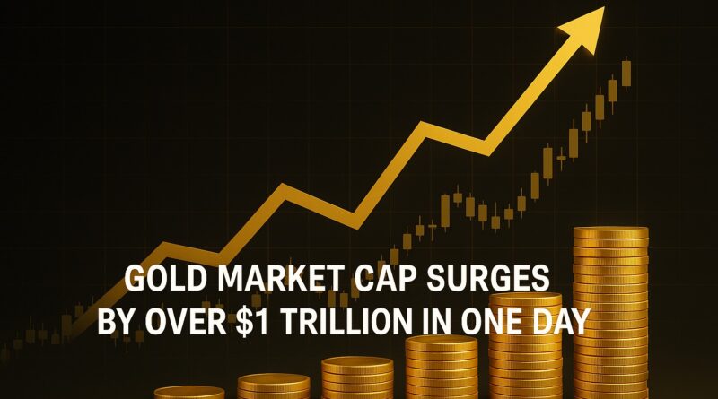Gold Market Cap surges by over $1 trillion in one day, illustrated with gold bars, upward arrow, and financial chart background