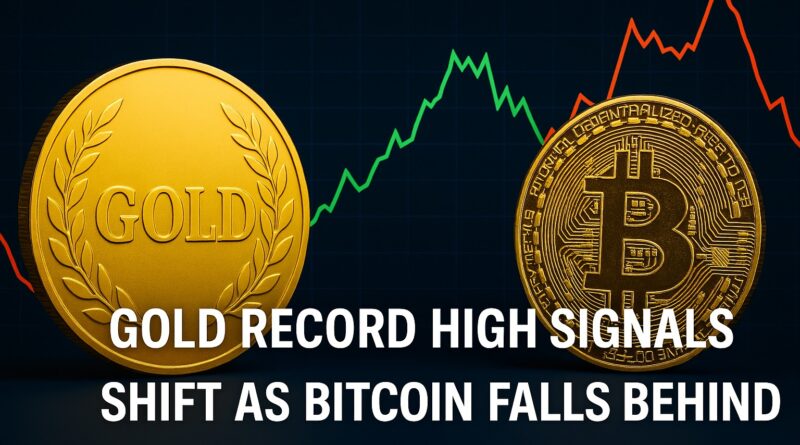 Gold Record High visual showing gold surging past $5,000 while Bitcoin declines against a market chart