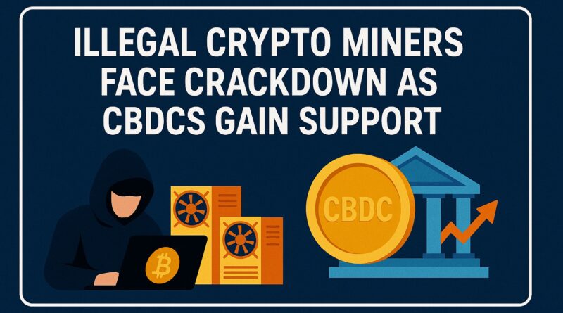 Illegal Crypto Miners operating in unregistered facilities contrasted with state-backed CBDCs, showing mining rigs, enforcement symbols, and digital currency icons centered for a news feature