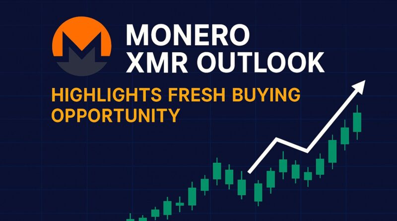 Monero XMR Outlook - centered feature image with Monero logo, upward green candlestick chart, teal demand zone $460–$480, +7% price badge, +25% open interest indicator, arrow targeting $517, and subtle MACD/Chaikin mini-widgets on a dark tech-gradient background.