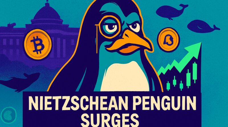 Nietzschean Penguin surges after viral White House post with crypto whales and candlestick chart in bold illustration.