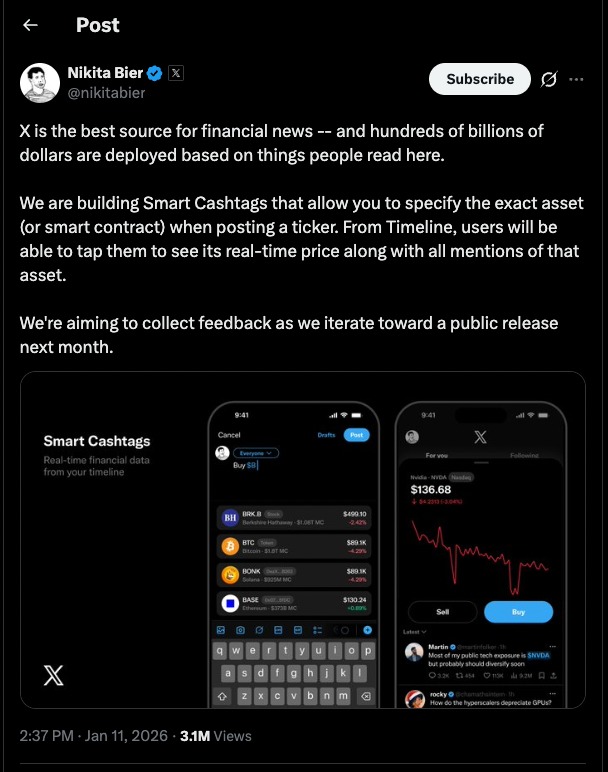Smart Cashtags preview on X showing a post explaining real-time crypto and stock price tracking with tappable asset tickers.