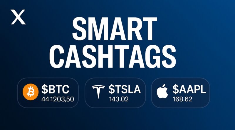 Smart Cashtags - centered mobile card showing live price ticker and tappable cashtag chips ($BTC; $ETH; $AAPL), glowing line chart, price box ($42,350.12; +3.4%), verification shield, and subtle social conversation bubbles on a dark navy-to-indigo gradient background.