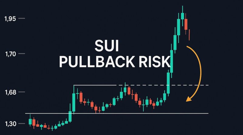 Sui pullback risk - Centered feature image showing a stylized SUI token and candlestick chart with a breakout and an orange retracement arrow targeting $1.70; resistance band $1.95–$2.16; supply zone $2.20; volume and open interest icons indicating rising participation.