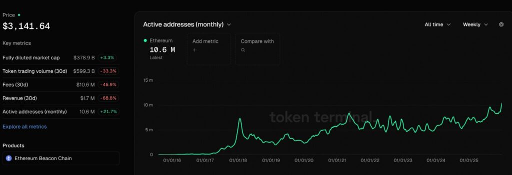 Ethereum Stablecoin Volume context shown through a chart of Ethereum monthly active addresses peaking in December, highlighting increased network usage