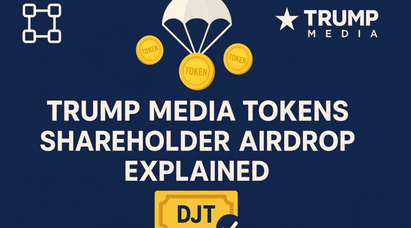 Trump Media Tokens featured image showing DJT token airdrop with blockchain visuals and shareholder icons