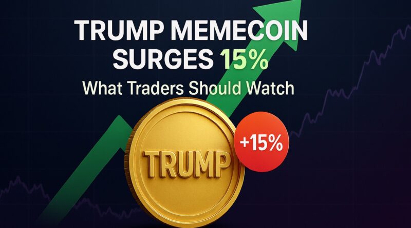Trump memecoin featured image showing a gold coin stamped TRUMP with a green upward arrow and a +15% badge centered on a dark navy-to-purple gradient background.