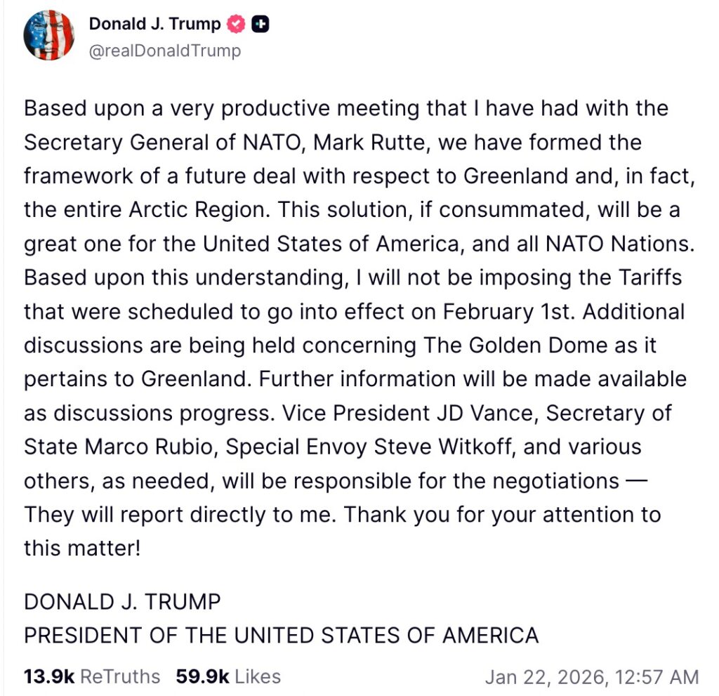 Crypto Market Rally triggered after Donald Trump announces tariff pause following NATO discussions on Greenland and the Arctic region