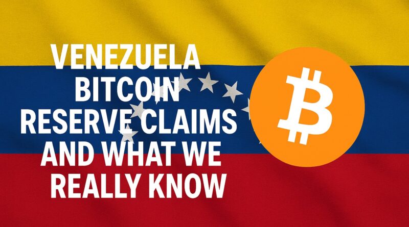 Venezuela Bitcoin Reserve - central composition showing a large gold Bitcoin over a faded map of Venezuela and a semi-transparent flag, vault imagery and blockchain node lines with a faint question mark watermark.