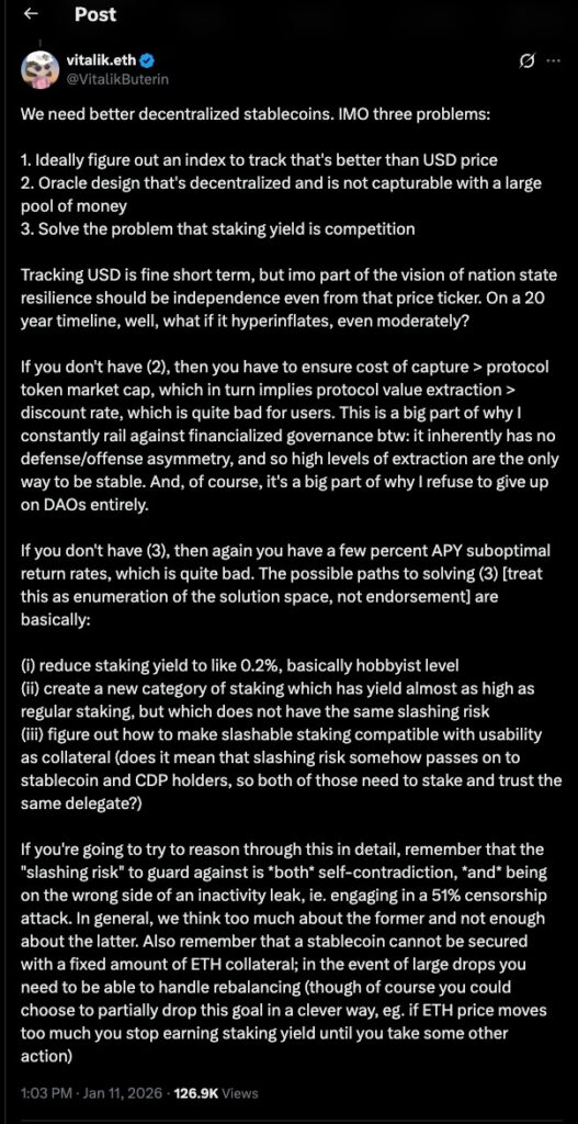 Decentralized Stablecoins discussion by Vitalik Buterin outlining oracle risks, dollar dependence, and staking incentive challenges