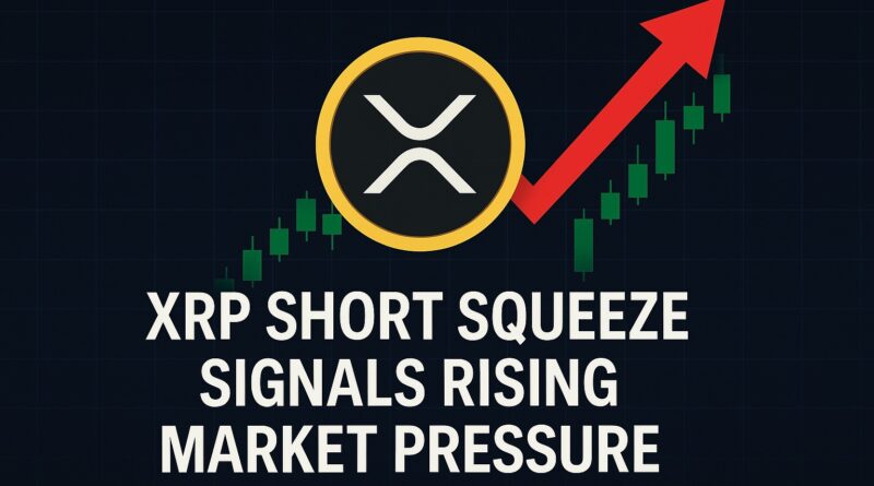 XRP Short Squeeze visual showing rising candlestick chart, liquidation zone, and XRP coin with upward momentum