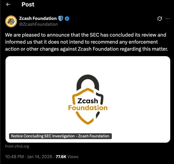 Zcash SEC Probe update showing Zcash Foundation announcement confirming SEC concluded its review with no enforcement action