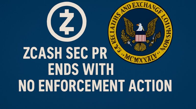 Zcash SEC Probe: Centered headline “Zcash SEC Probe Ends - No Enforcement Action” with Zcash logo left, SEC seal right, scales of justice and an upward green price arrow on a dark blue blockchain-textured background.