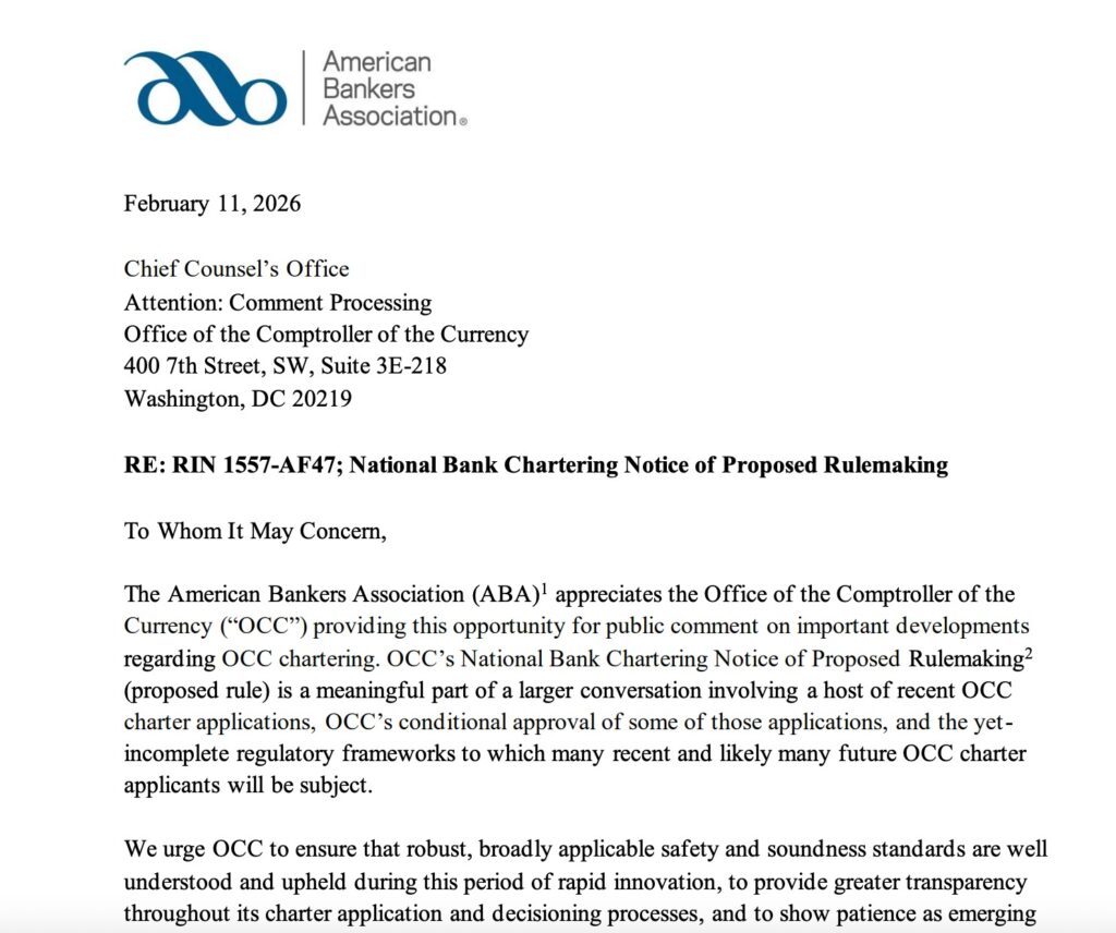 Crypto Trust Charters discussion shown in an American Bankers Association letter to the Office of the Comptroller of the Currency addressing regulatory concerns and charter approvals