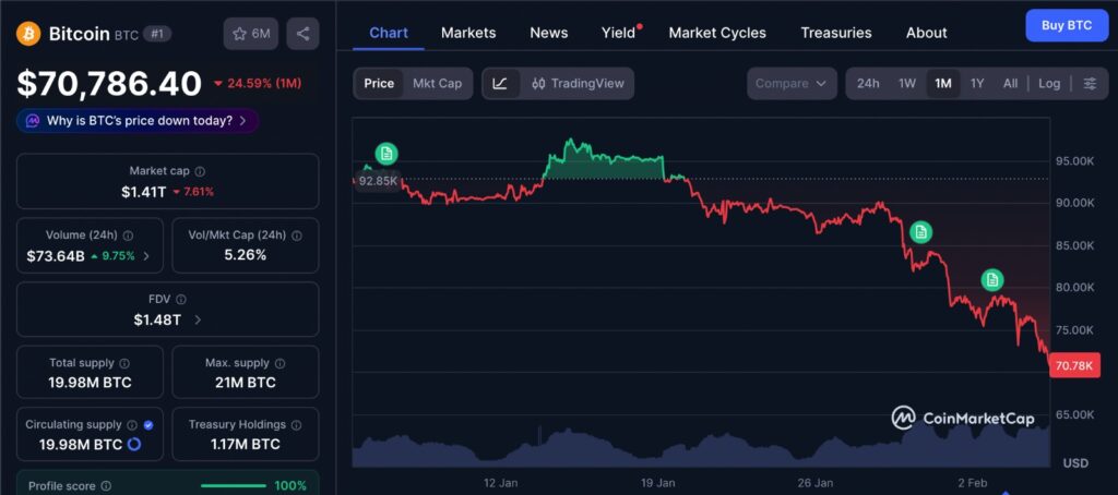 Bitcoin price chart showing the past one month of trading activity, highlighting a steady decline toward a 15-month low near the 73,000 level