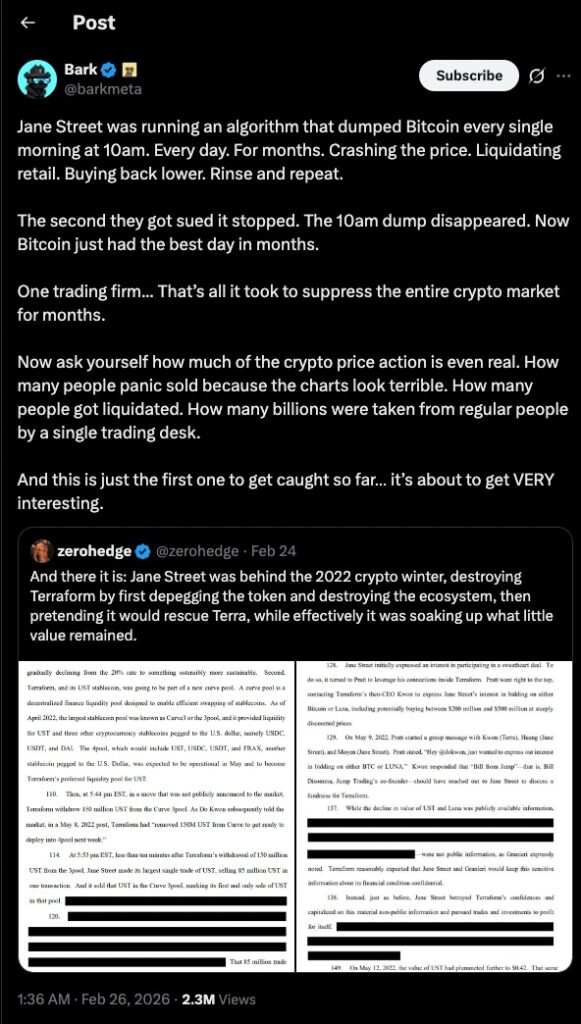 Bitcoin Price Bounce debate sparked by viral tweet alleging Jane Street 10am Bitcoin selling algorithm