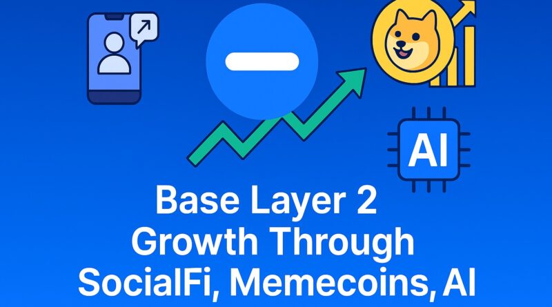 Base Layer 2 growth visual featuring SocialFi, memecoins, and AI icons centered around a blockchain theme