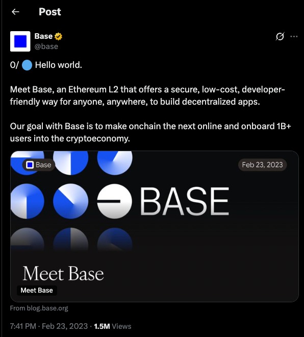 Base Layer 2 launch announcement tweet highlighting Coinbase’s vision for a secure, low cost Ethereum L2 designed for developers and mainstream user onboarding