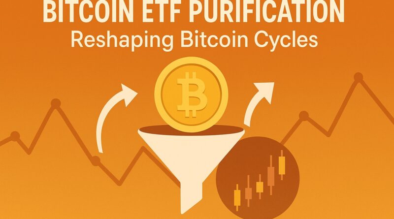 Bitcoin ETF Purification featured image showing Bitcoin coin, ETF funnel, and market charts in gold and orange tones