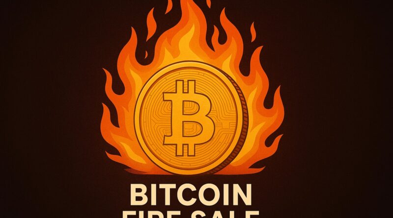 Bitcoin Fire Sale graphic showing burning Bitcoin coin and bearish signals