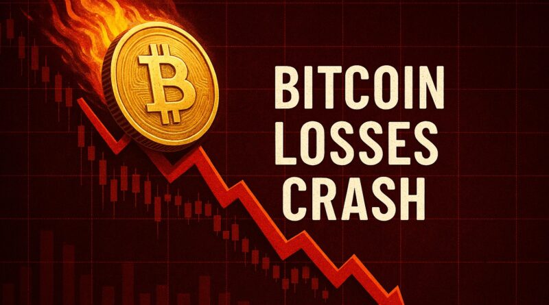 Bitcoin Losses Crash featured image showing a crashing Bitcoin coin with red arrows and market chart background