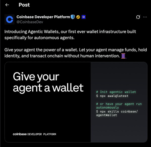Coinbase Developer Platform tweet announcing AI Crypto Wallets and Agentic Wallets for autonomous agents managing funds and transacting onchain