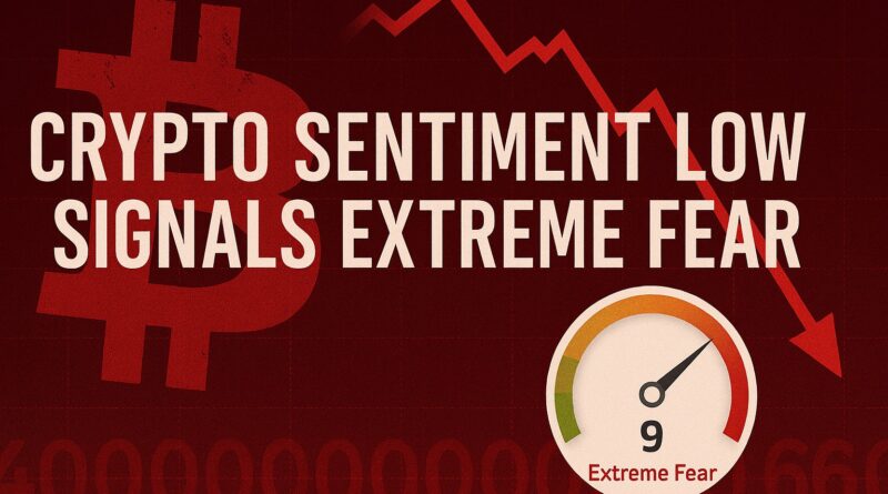 Crypto Sentiment Low triggers extreme fear as Bitcoin drops sharply, illustrated with red arrows, panic charts, and a distressed Bitcoin symbol.