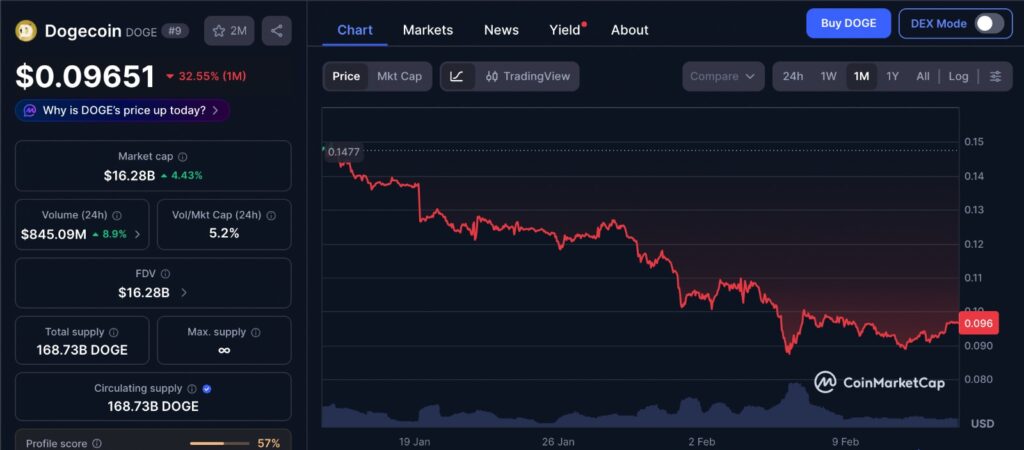 Dogecoin price chart during Memecoin Season showing one month decline and weakening momentum on CoinMarketCap