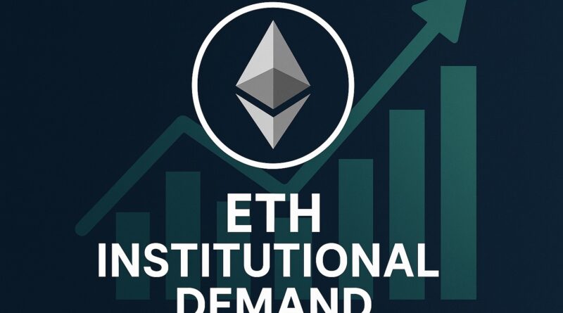 ETH Institutional Demand visual featuring Ethereum logo, financial charts, and ETF signals centered on a dark blue background