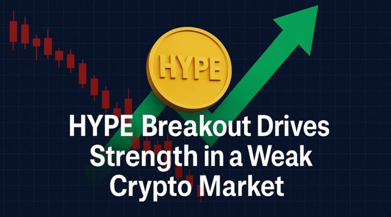 HYPE Breakout featured image showing crypto resilience with upward arrow, candlestick chart, and HYPE token on Hyperliquid platform