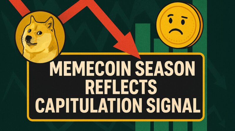 Memecoin Season featured image showing capitulation sentiment with Dogecoin mascot, red arrow, and bearish crypto visuals
