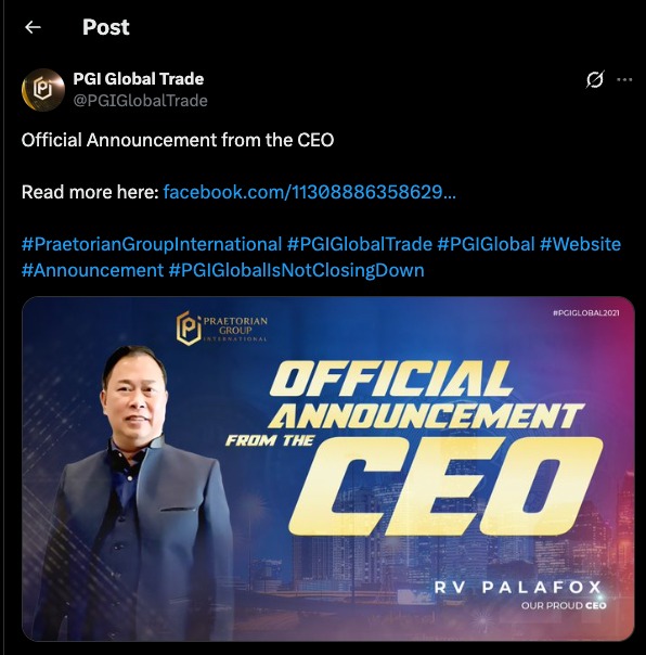PGI Crypto Scheme promotional tweet showing official announcement from CEO Ramil Ventura Palafox with Praetorian Group International branding