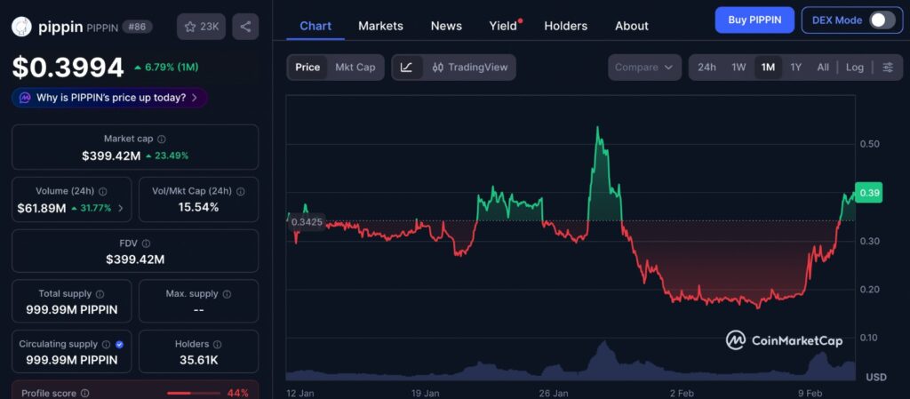 PIPPIN Bull Trap one month price chart showing recent 26 percent surge and heightened volatility on CMC