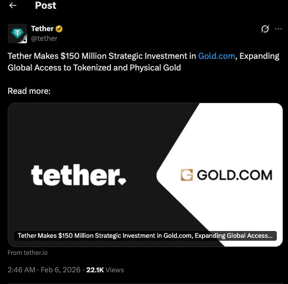 Gold.com Investment announcement shown in a Tether tweet highlighting a $150 million strategic investment in Gold.com and expanded access to physical and tokenized gold