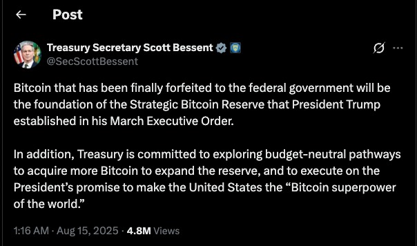 Bitcoin Bailout Authority clarified as Treasury Secretary Scott Bessent explains that the Strategic Bitcoin Reserve will be built from forfeited Bitcoin, not taxpayer funded purchases.